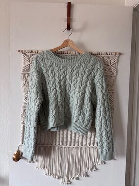 Cropped Cable Knit Sweater in Mint Green Junior XL